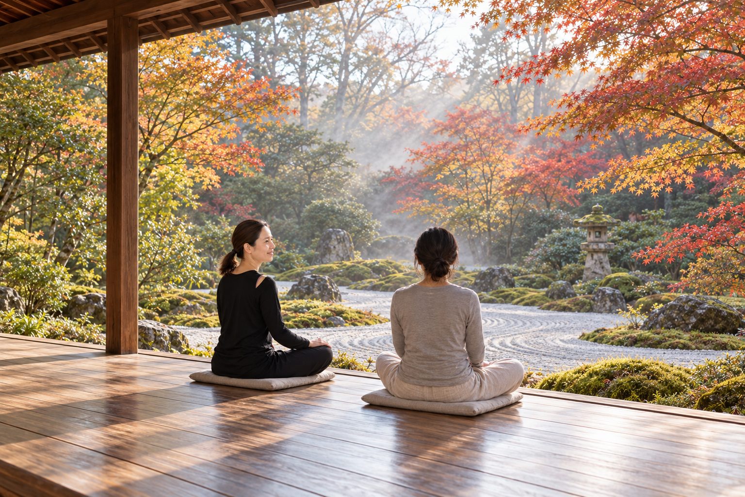 An instructor and a guest seated on cushions on a veranda, facing a raked-gravel garden with a stone lantern and autumn maples.