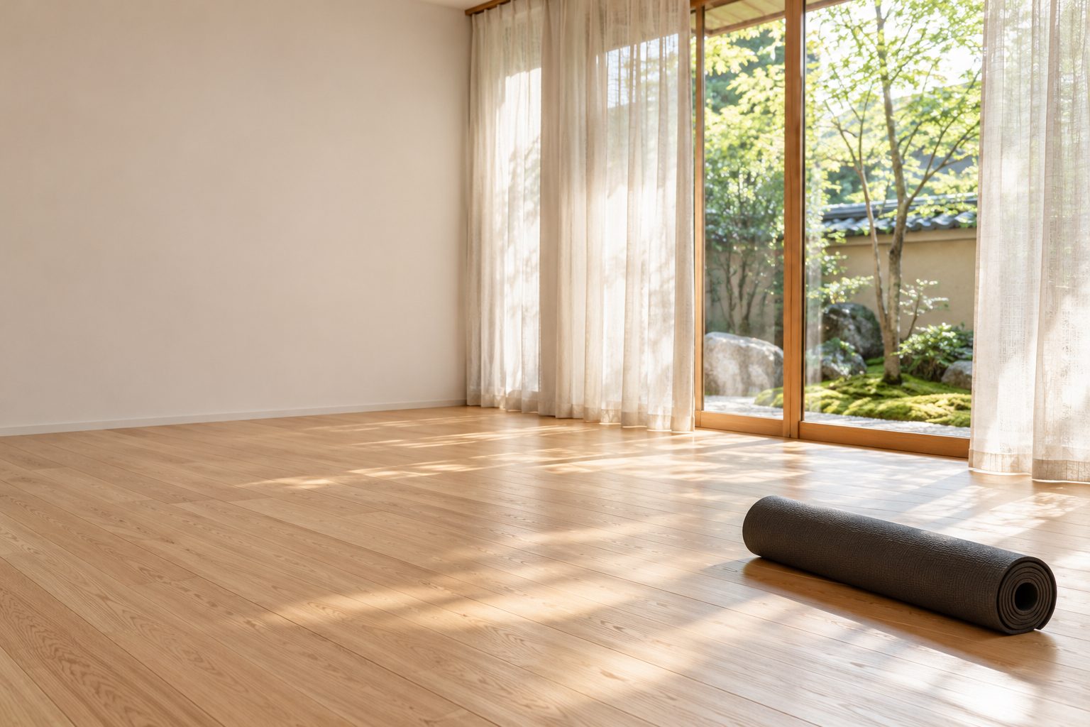 A hotel studio in the morning: a rolled yoga mat on a wooden floor, with a moss-and-stone courtyard beyond sheer curtains.