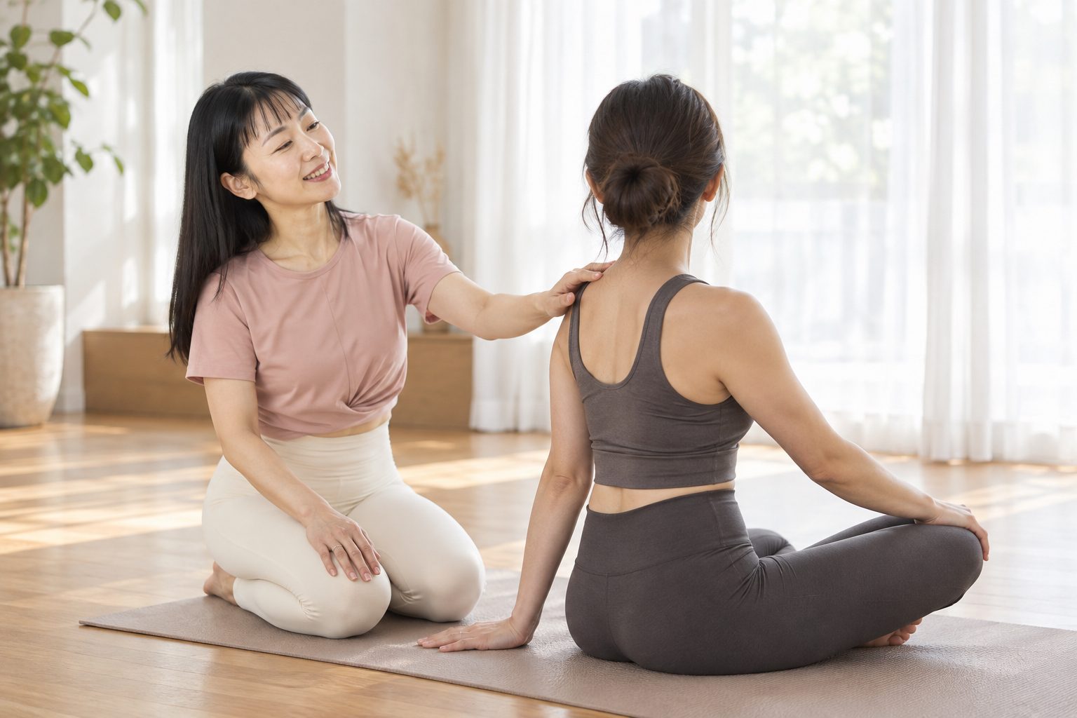 A yoga session: an instructor rests a hand on the shoulder of a guest holding a seated twist on the mat.